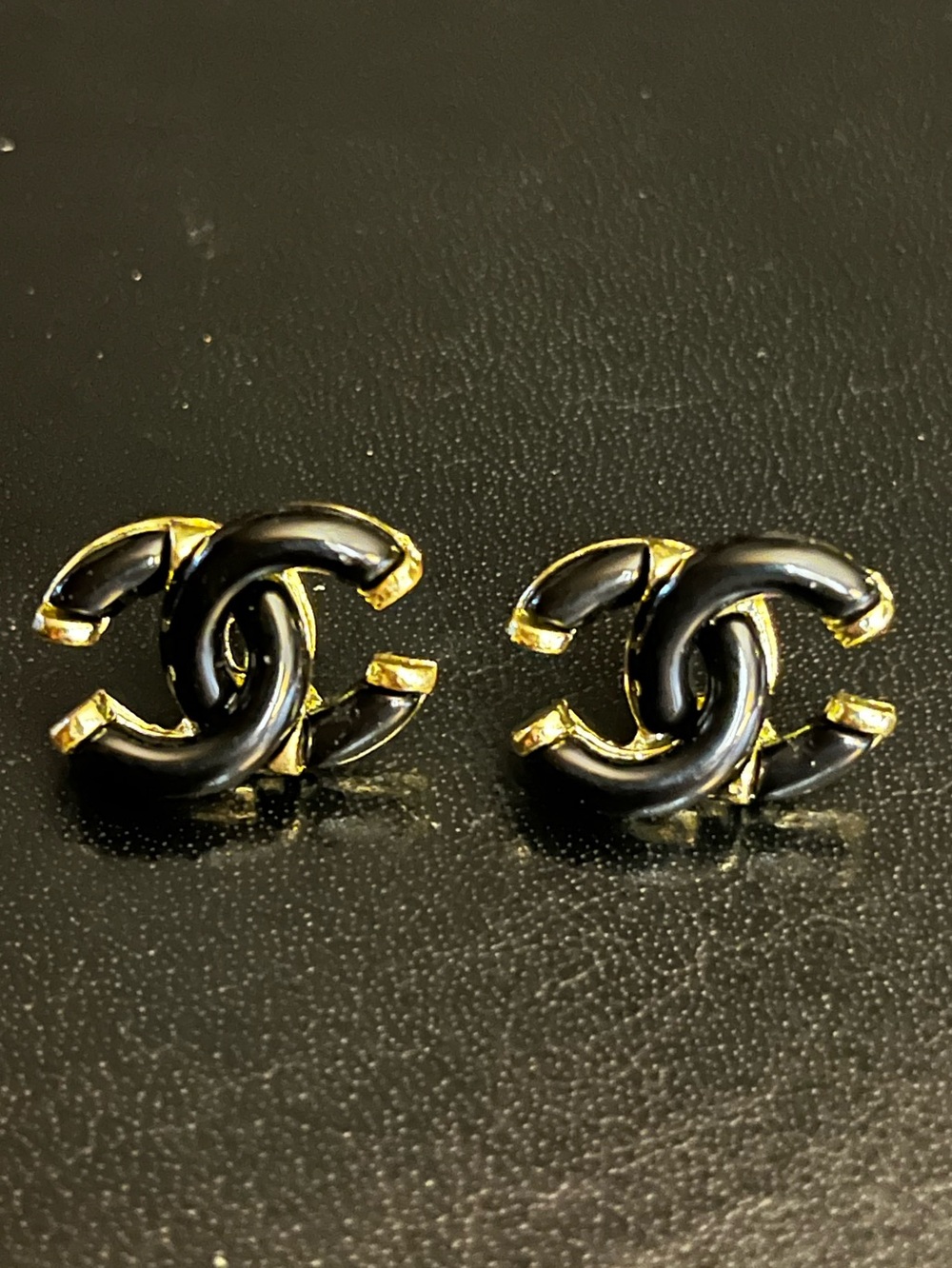ChaneI Lucite Black Gold Tone Letter Logo Stud Earrings